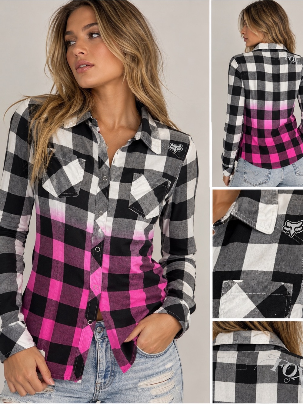 Fox Racing Black White & Hot Pink Ombre, Y2K Plaid Snap Button Shirt, S
